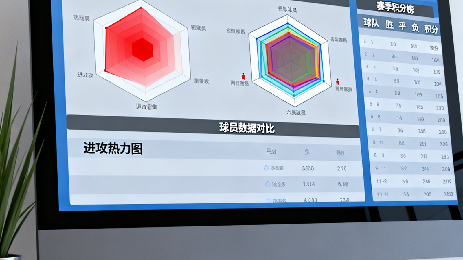 电脑屏幕展示数据统计仪表盘，包含球队进攻热力图、两名球员数据对比的六边形雷达图，以及赛季积分榜详细表格，整体呈现专业数据分析界面