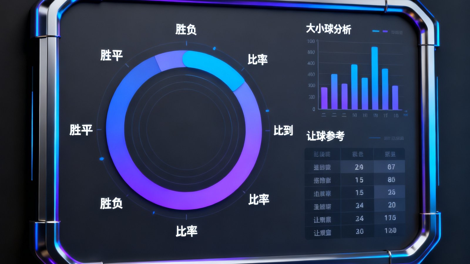 数据预测模块的仪表盘界面，中央为胜平负概率环形图，右侧为大小球分析柱状图和让球参考数据表格，整体采用深色科技风格设计